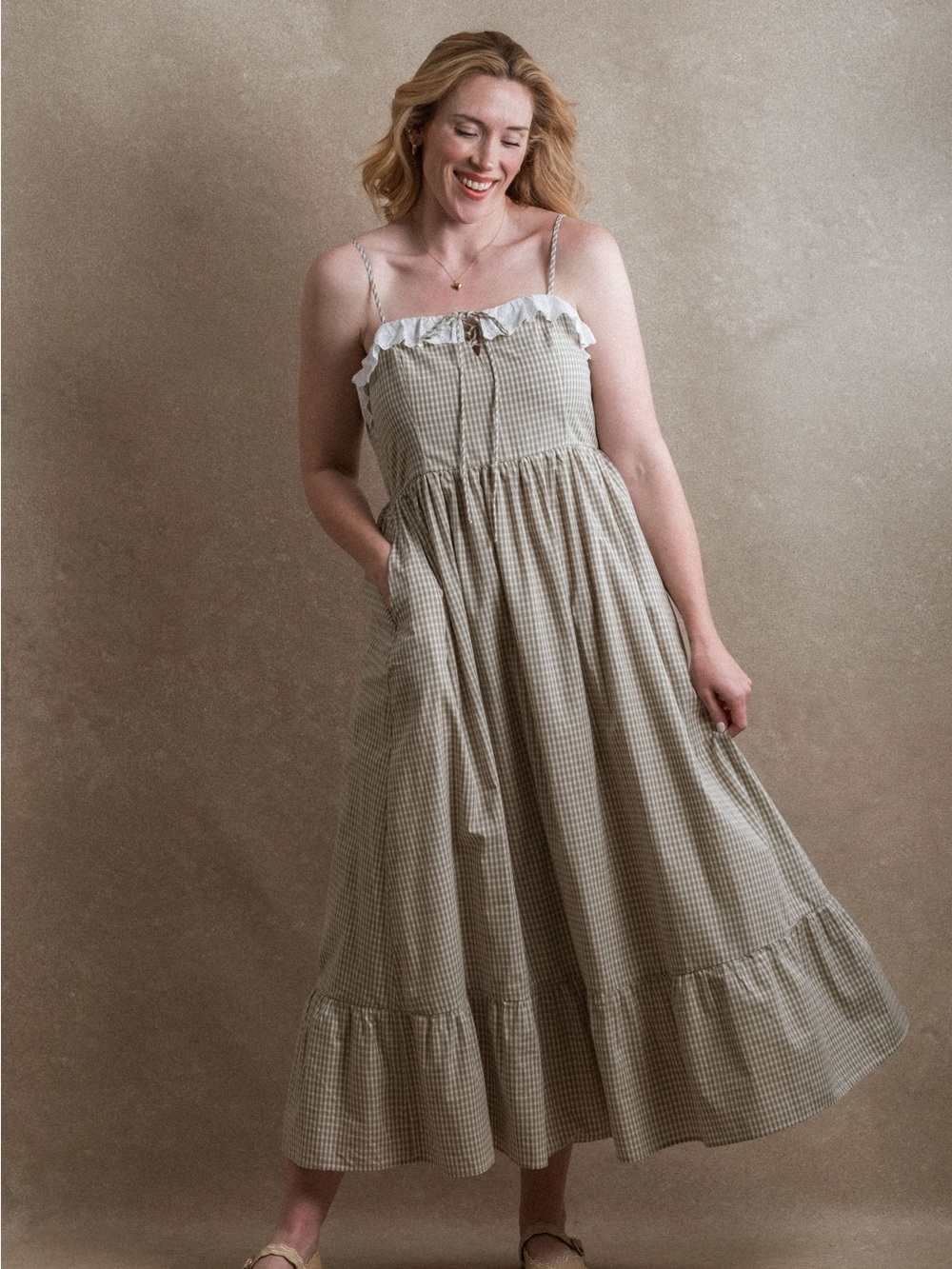Neuflora Carolina Dress NWT | Gingham Ruffle-Trim Midi Dress in Cream & Sage